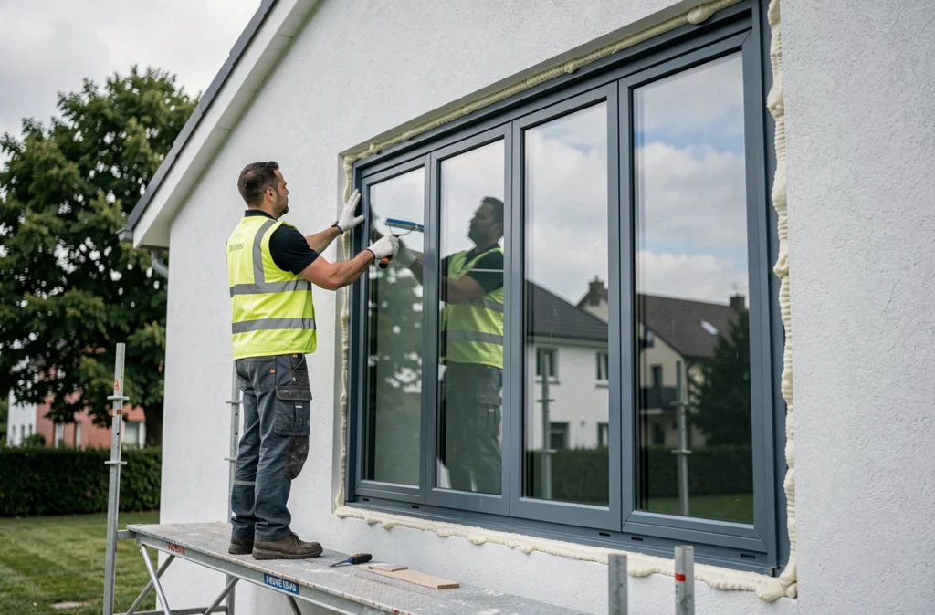 Deux vitriers posant une grande fenêtre triple vitrage sur la façade d'une maison basse consommation