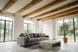 Salon contemporain avec poutres apparentes en chêne recyclé contrastant avec un intérieur minimaliste en béton et lin