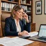 Propriétaire immobilière analysant des documents de révision de loyer ILAT sur son bureau à domicile