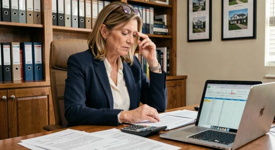 Propriétaire immobilière analysant des documents de révision de loyer ILAT sur son bureau à domicile