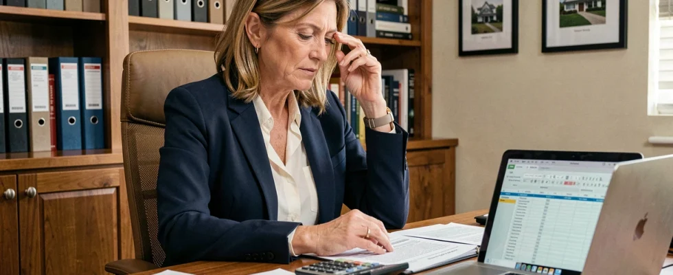 Propriétaire immobilière analysant des documents de révision de loyer ILAT sur son bureau à domicile