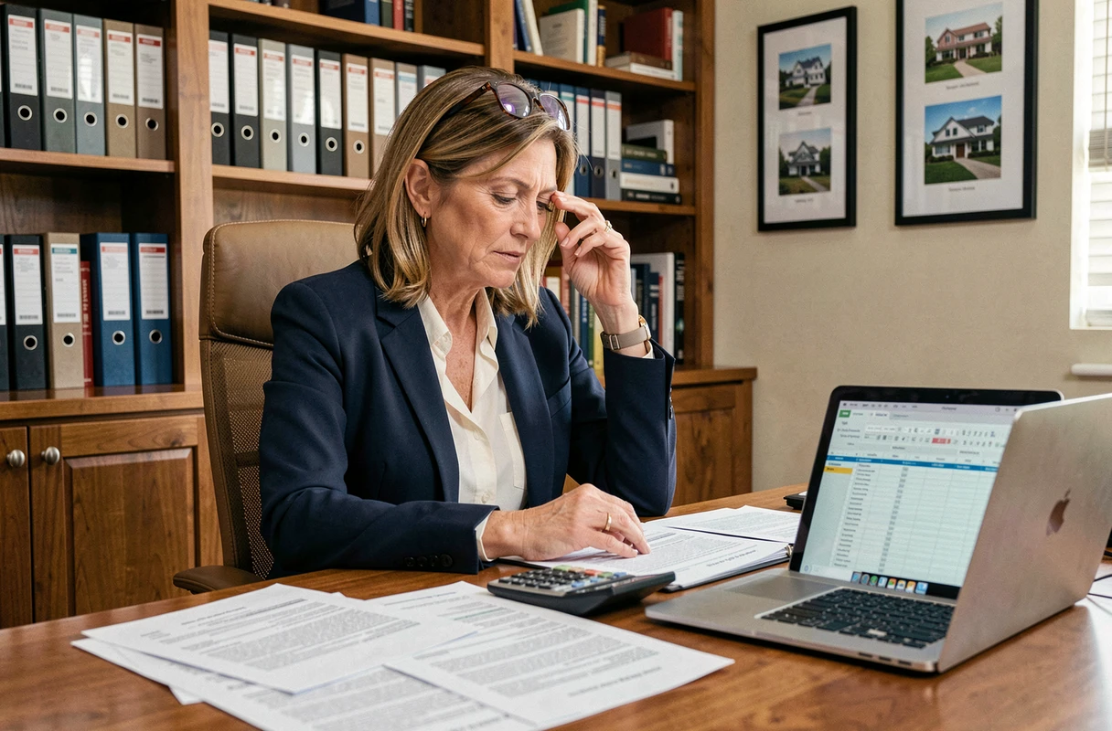 Propriétaire immobilière analysant des documents de révision de loyer ILAT sur son bureau à domicile