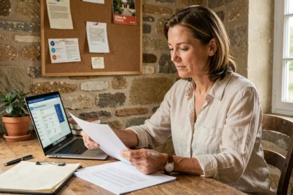 Propriétaire de gîte assise à son bureau gérant les réservations sur le tableau de bord Gîtes de France