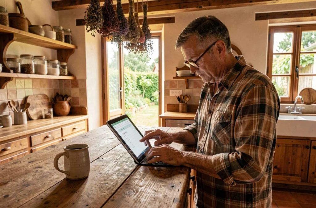 Propriétaire de gîte rural complétant une fiche d'inscription en ligne sur tablette dans une cuisine de ferme française