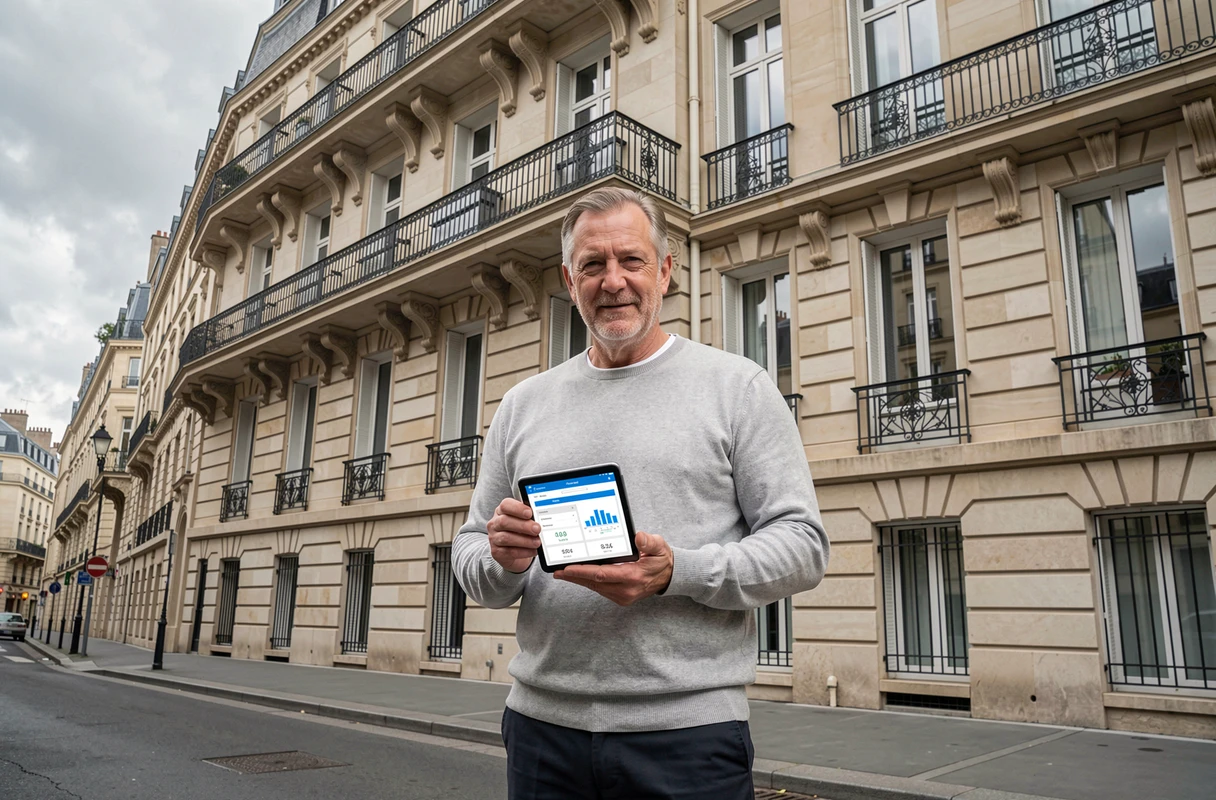Propriétaire bailleur consultant l'indice ILAT sur tablette devant un immeuble locatif parisien