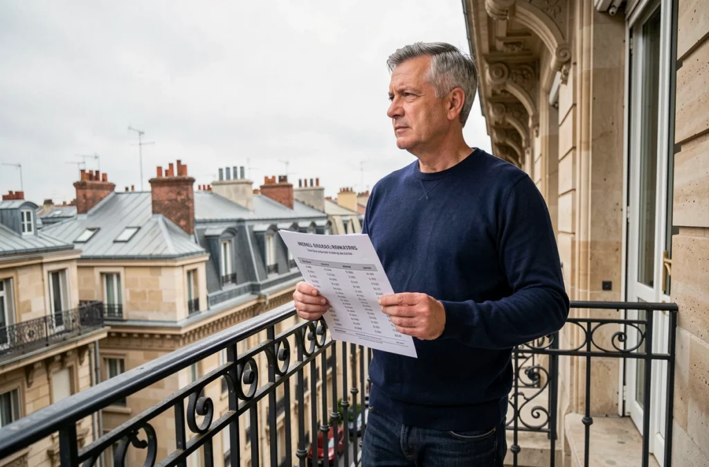 Propriétaire lyonnais évaluant le prix de son loyer depuis le balcon de son appartement avec vue sur la ville