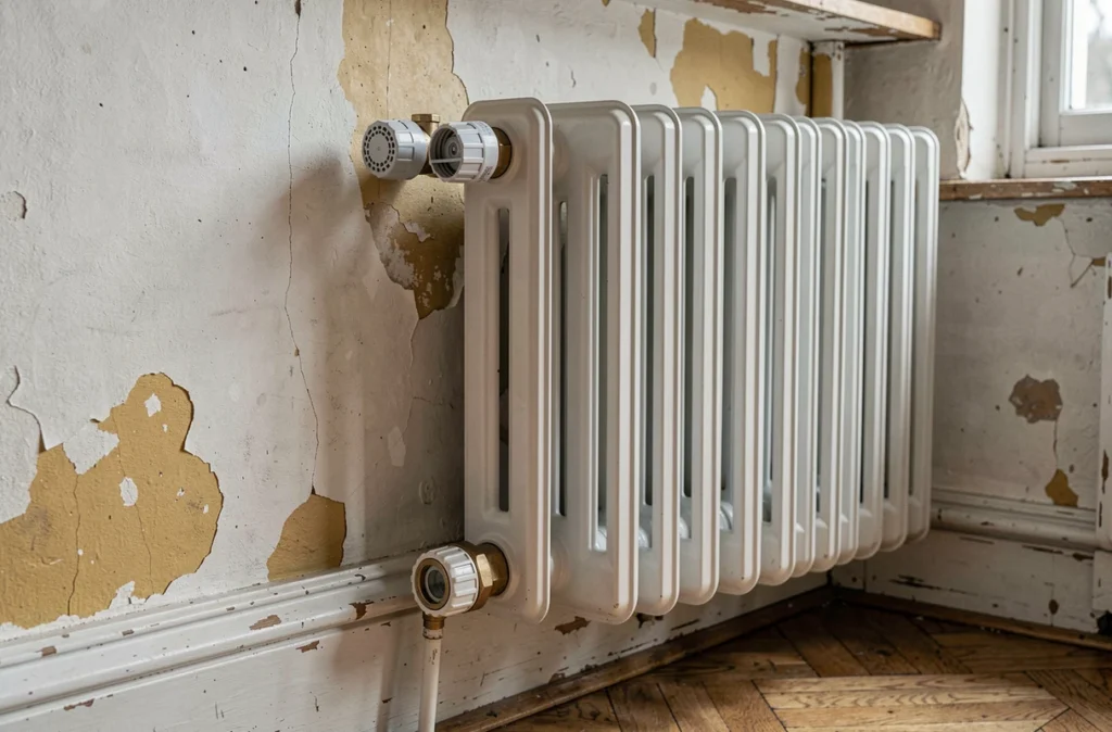 Radiateurs à panneaux modernes avec vannes thermostatiques installés dans une maison ancienne rénovée