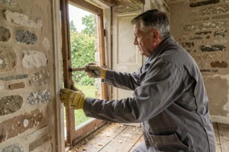 Artisan retirant une ancienne fenêtre en bois d'une maison en pierre pour travaux de rénovation thermique