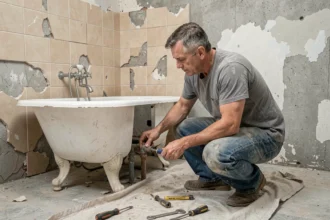 Plombier inspectant les tuyaux d'une vieille salle de bains en cours de rénovation avec carrelage décrépit et outils au sol