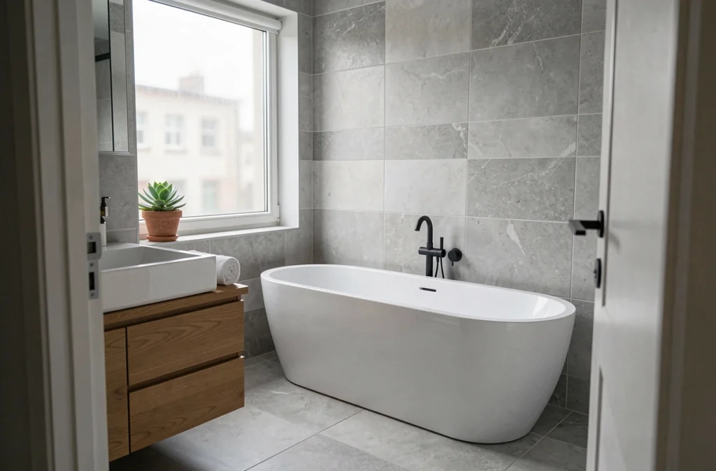 Salle de bains entièrement rénovée avec baignoire îlot blanche, carrelage gris moderne et meuble vasque en bois flotté