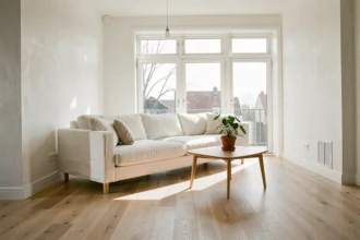 Salon scandinave réagencé avec canapé blanc repositionné pour maximiser la lumière naturelle traversant une grande fenêtre