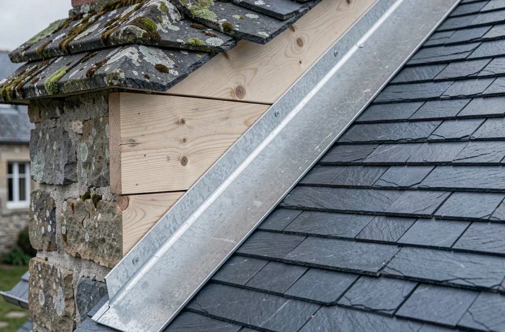 Détail de solin en zinc et ardoises naturelles autour d'une cheminée en pierre lors d'une rénovation de toiture