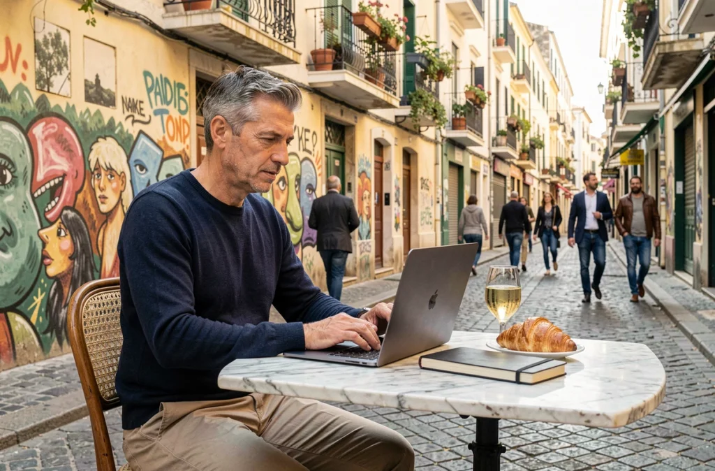 Homme en télétravail à la terrasse d'un café du quartier Cours Julien à Marseille entouré de street art et de balcons fleuris
