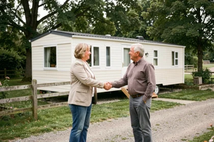 Un couple achetant une parcelle de terrain avec mobil home directement auprès du propriétaire, poignée de main devant le mobil home