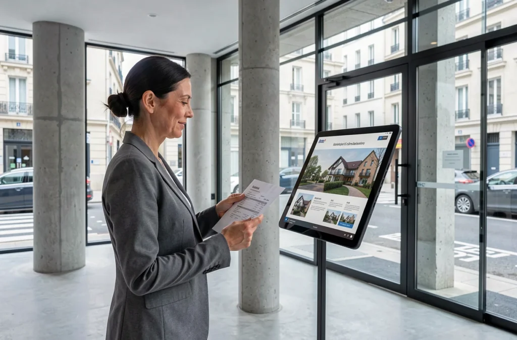 Agent immobilière présentant un contrat de location Pinel dans le hall d'un immeuble résidentiel moderne