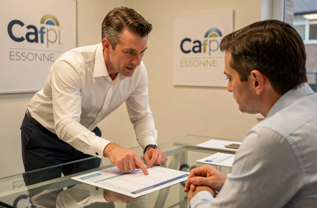 Conseiller Cafpi présentant une comparaison de prêts immobiliers à un client dans une agence de l'Essonne