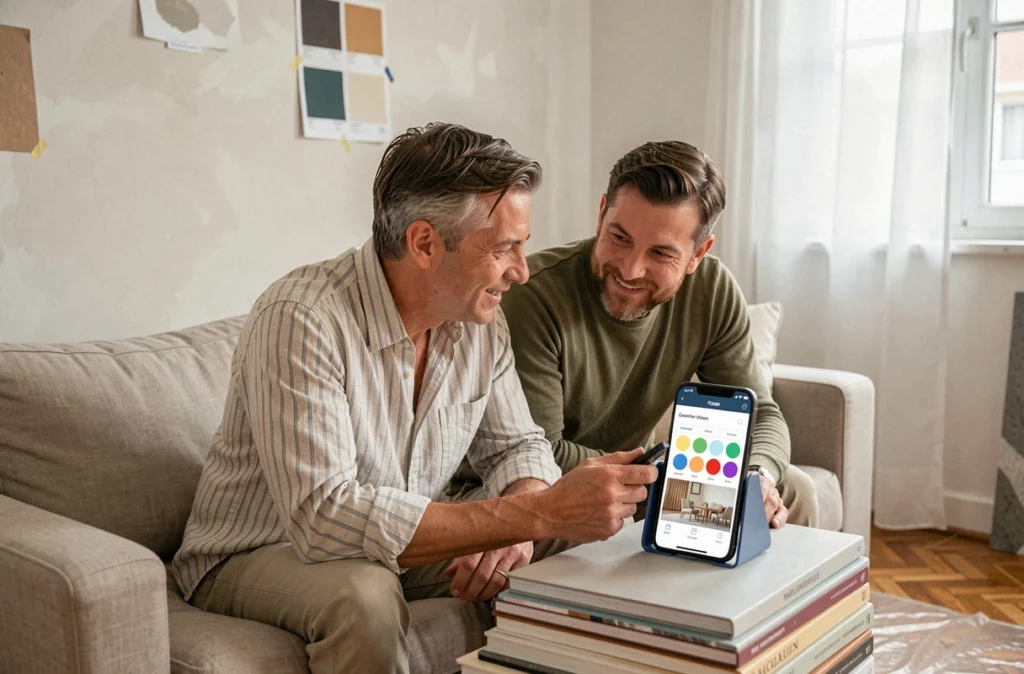 Couple consultant une application mobile de raffinement d'habitat assis dans un salon en cours de rénovation