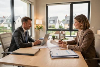 Consultation avec un courtier en prêt immobilier dans une agence moderne de l'Essonne