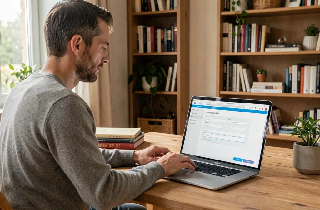 Particulier utilisant la plateforme en ligne de Credixia pour un crédit immobilier depuis son domicile en Essonne