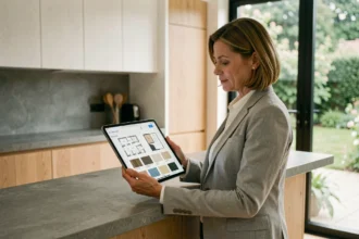 Femme utilisant une application de design d'habitat sur tablette dans une cuisine moderne raffinée