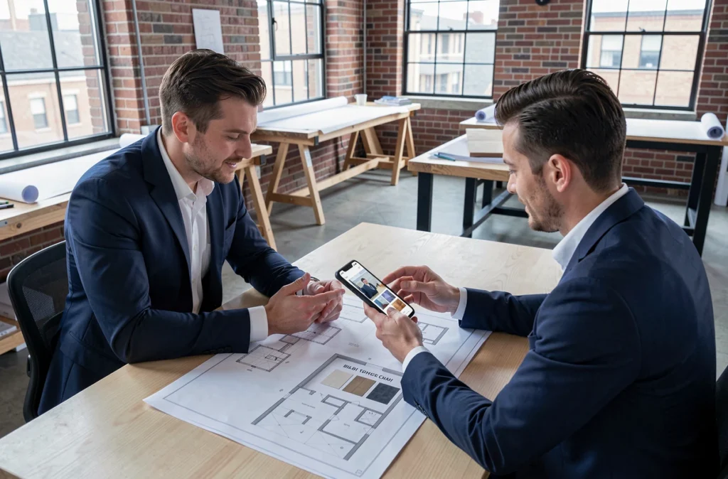 Homme présentant son projet de rénovation à un architecte via une application mobile de design d'intérieur