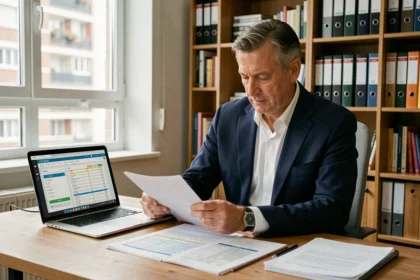 Investisseur immobilier Pinel étudiant les plafonds de ressources locataires sur des documents fiscaux à son bureau