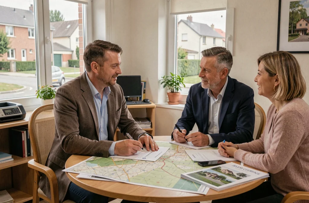 Courtier local de Jelem Courtage conseillant un couple sur leur financement immobilier dans son bureau en Essonne