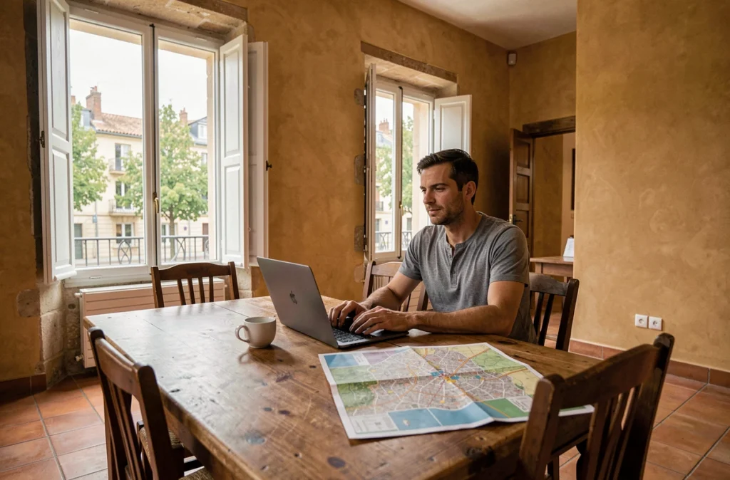 Homme travaillant dans un grand appartement meublé en province avec sol en terre cuite et murs en pierre, comparaison My-Appart hors Paris