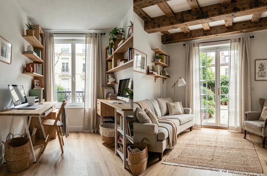 Comparaison visuelle entre un appartement meublé parisien compact et un appartement spacieux en province pour illustrer les différences My-Appart