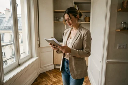 Jeune professionnelle dans un studio parisien compact avec moulures haussmanniennes, illustrant la location meublée My-Appart à Paris