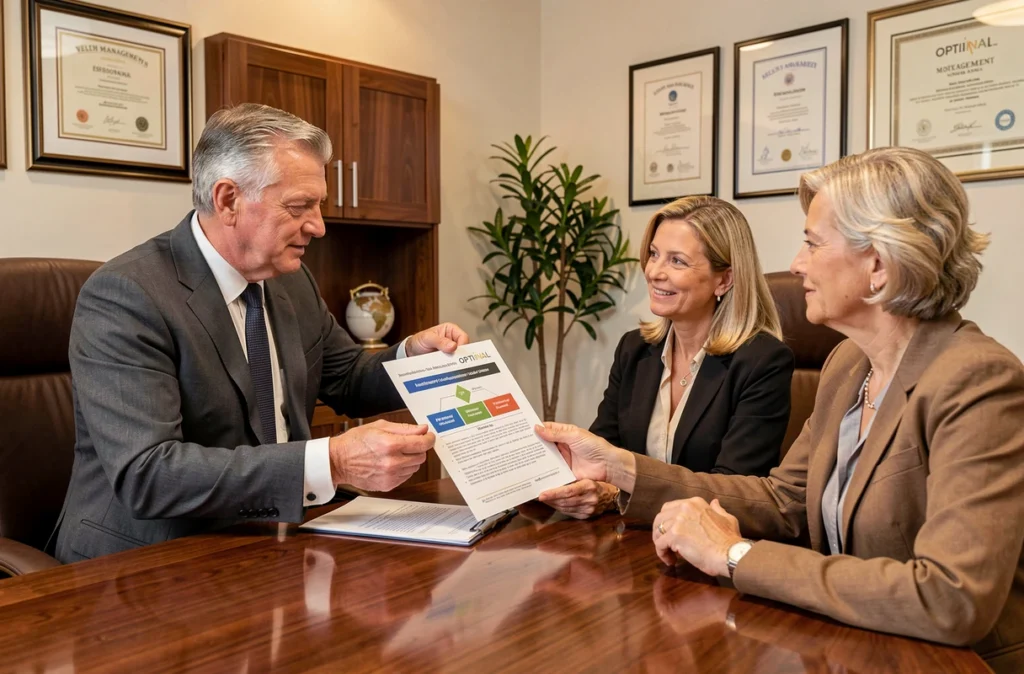 Conseiller du cabinet Optimial présentant un plan de courtage et gestion de patrimoine à un couple en Essonne
