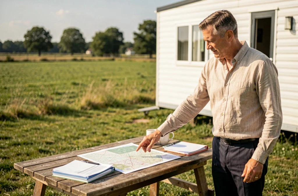 Un homme consultant un plan cadastral de parcelle de terrain avec mobil home lors d'une vente entre particuliers en milieu rural