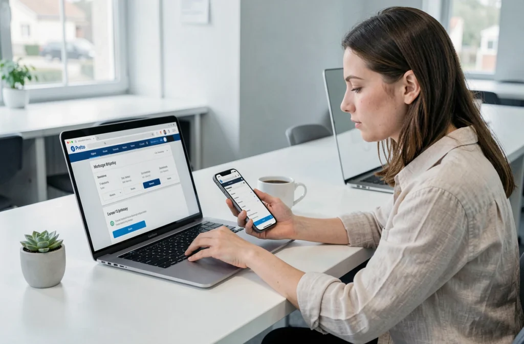 Jeune femme utilisant la plateforme numérique Pretto pour simuler un prêt immobilier dans un espace de coworking en Essonne