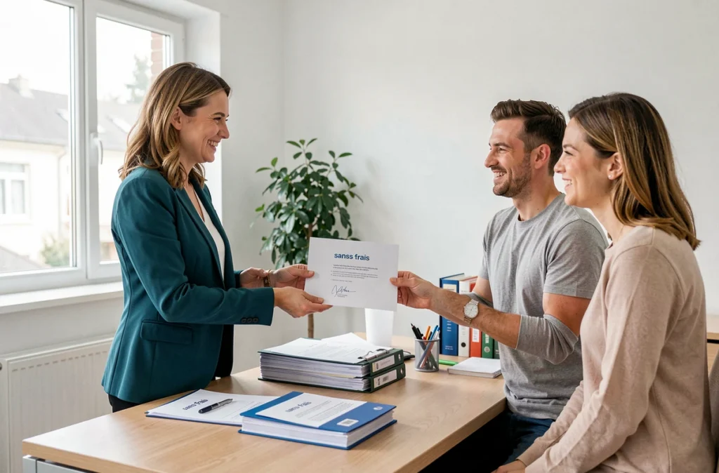 Conseillère Promoscredits remettant une offre de prêt immobilier sans frais à un couple dans une agence de l'Essonne