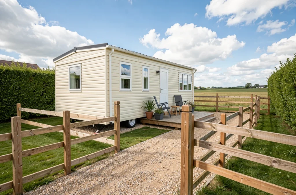 Vue extérieure d'un mobil home installé sur une parcelle de terrain clôturée à vendre entre particuliers en zone rurale