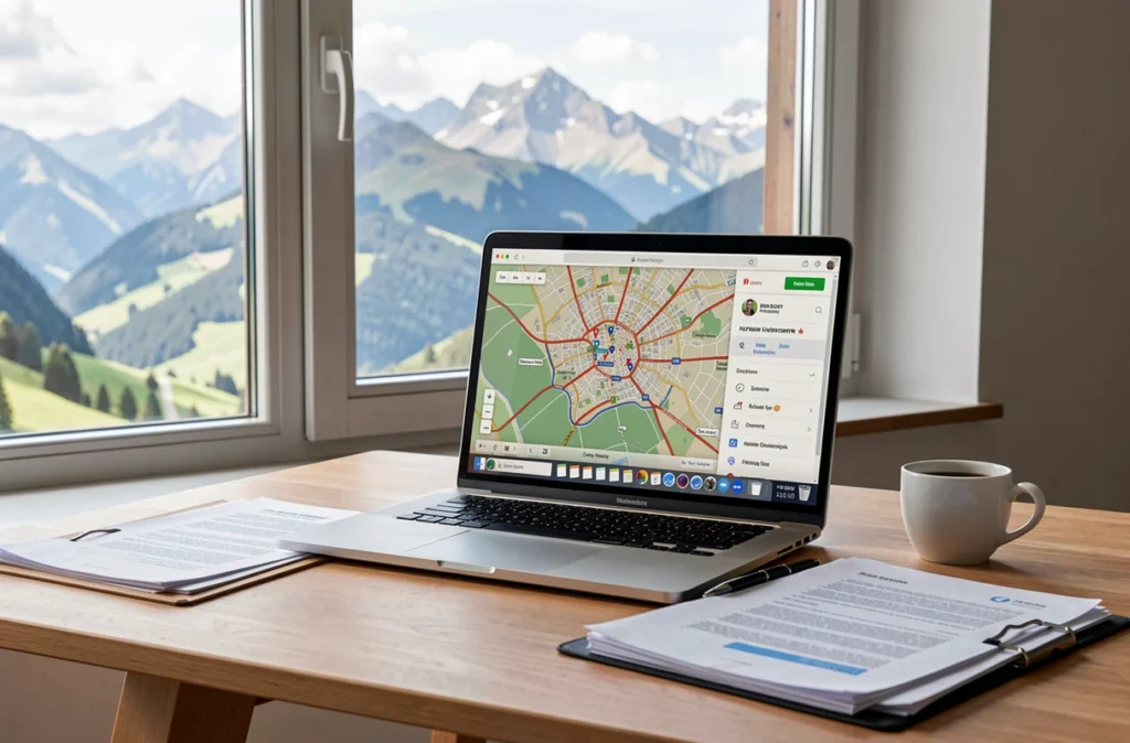 Bureau avec ordinateur et dossier de documents devant une fenêtre sur les Alpes