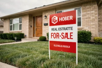 Panneau à vendre immobilier planté devant une maison pavillonnaire avec façade en brique et texte bien lisible