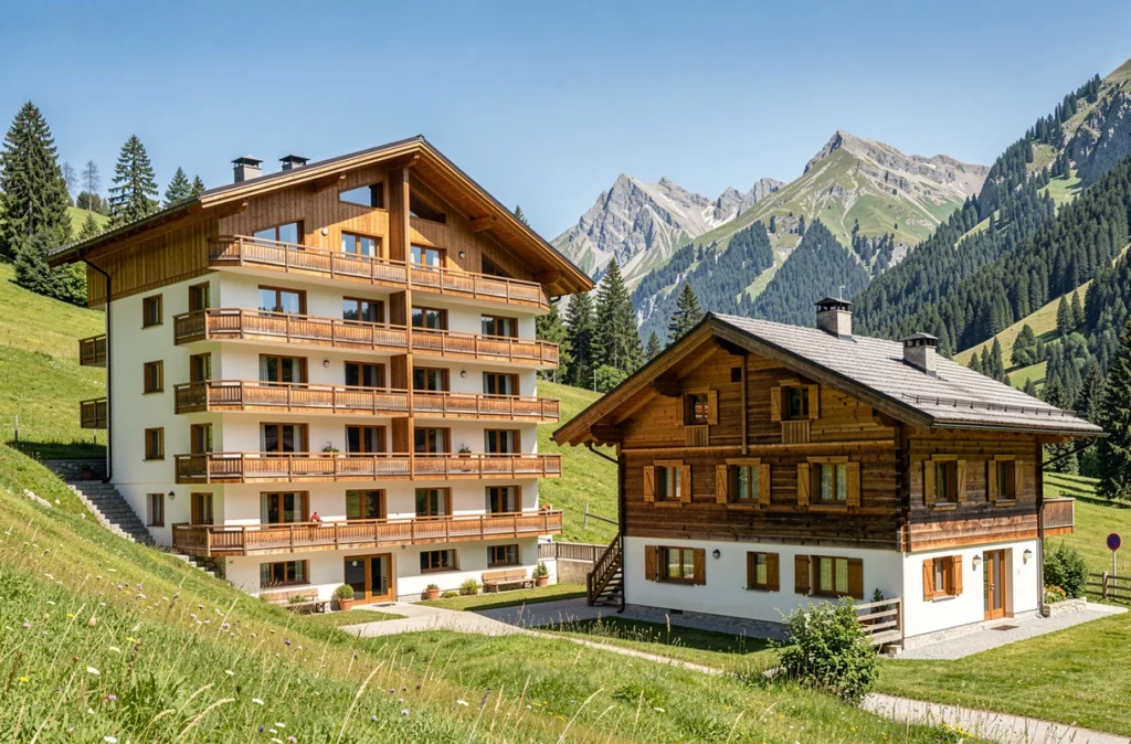 Résidence de station et chalet traditionnel dans une vallée alpine